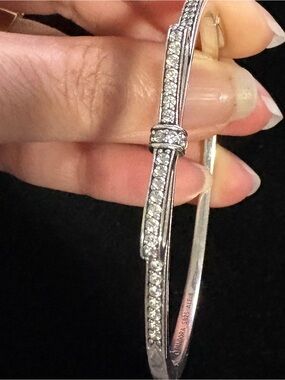 Pandora Silver Pave Crystal Hinged Bangle Bracelet